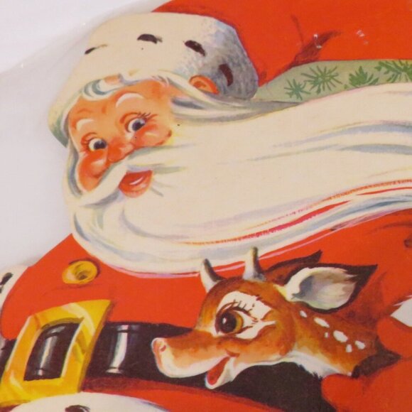 Santa & (8) Reindeer LAMINATED printed on cardboard. 1980s or older display - Picture 3 of 7